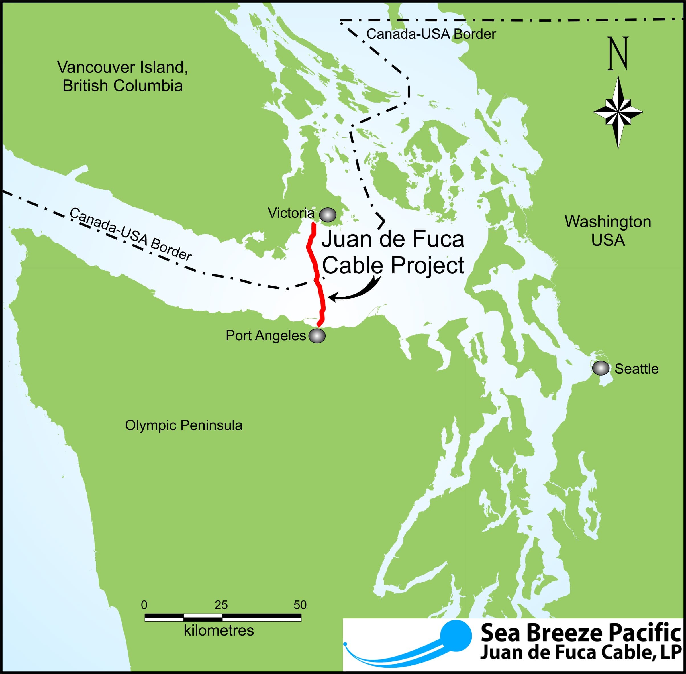 Map of the Strait of Juan de Fuca showing the proposed cable route in red between Port Angeles, Washington and a landfall near Victoria, British Columbia.